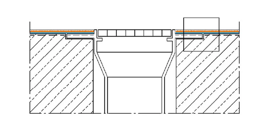 Detail utěsnění 07:<br>Odtoková vpusť s přírubou
