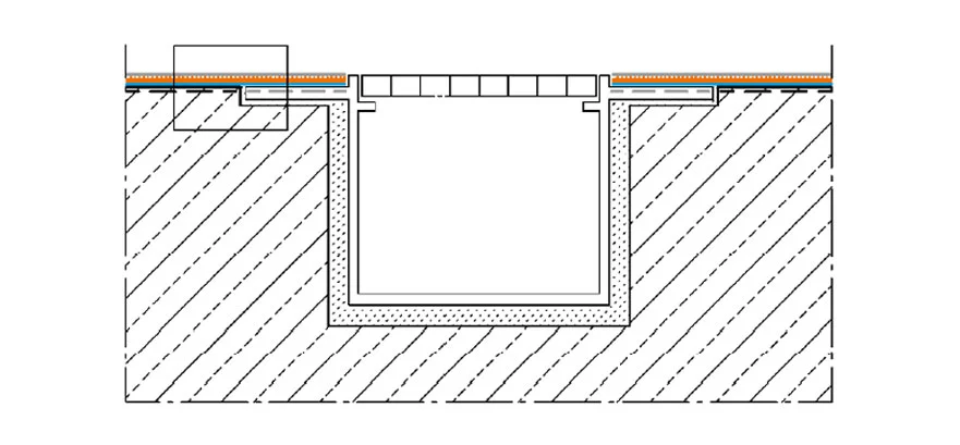 Detail utěsnění 09:<br>Odpařovací žlab